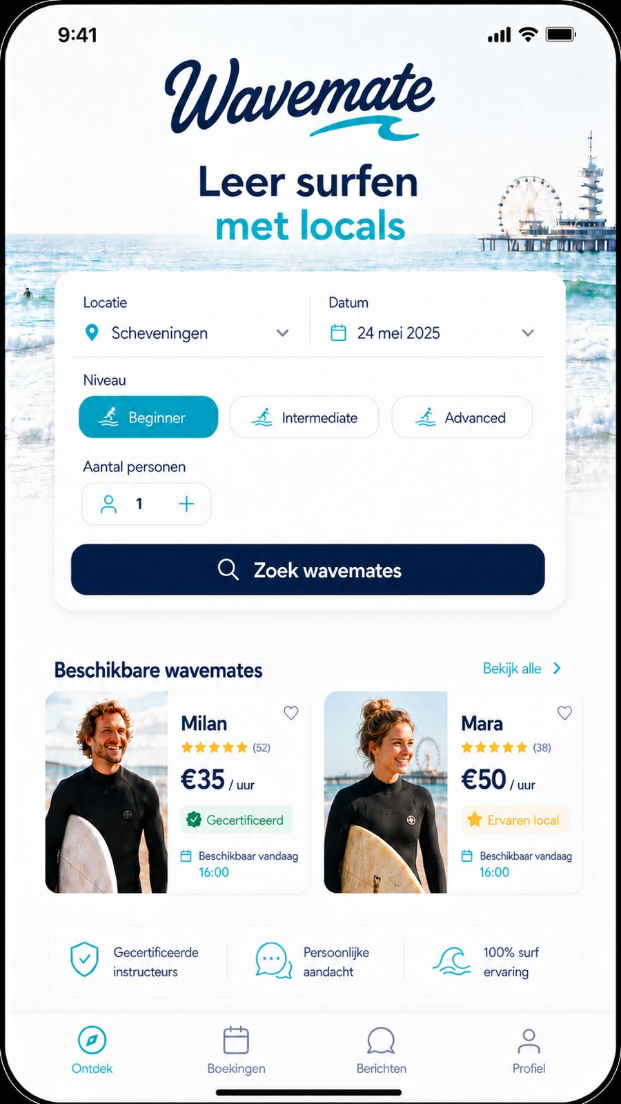 Wavemate app — leer surfen met locals in Scheveningen