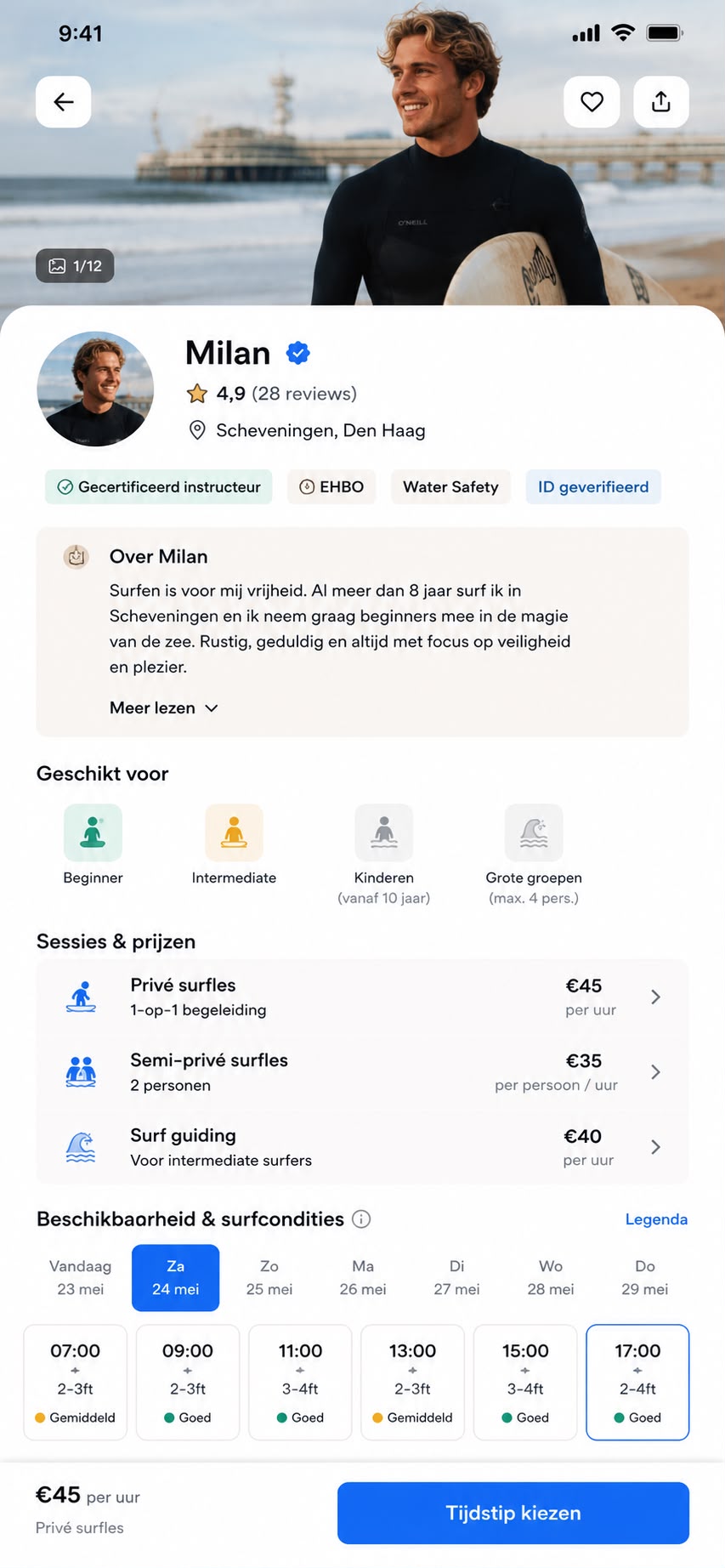 Wavemate-profiel met badges, reviews en sessies & prijzen