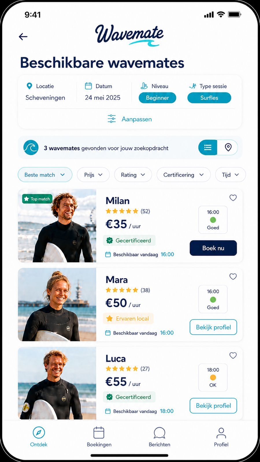 Zoekresultaten met beschikbare wavemates, ratings en 'Top match'